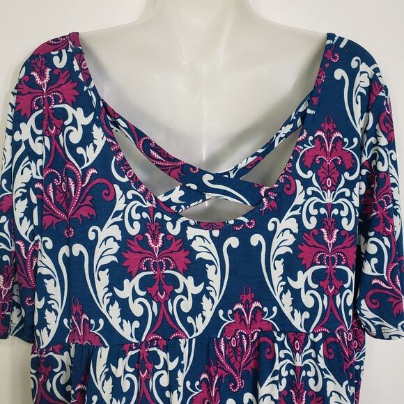 Honeyme Curvy Womens Tunic Top Size XXL Paisley Print Teal Magenta Short Sleeve - Picture 3 of 9